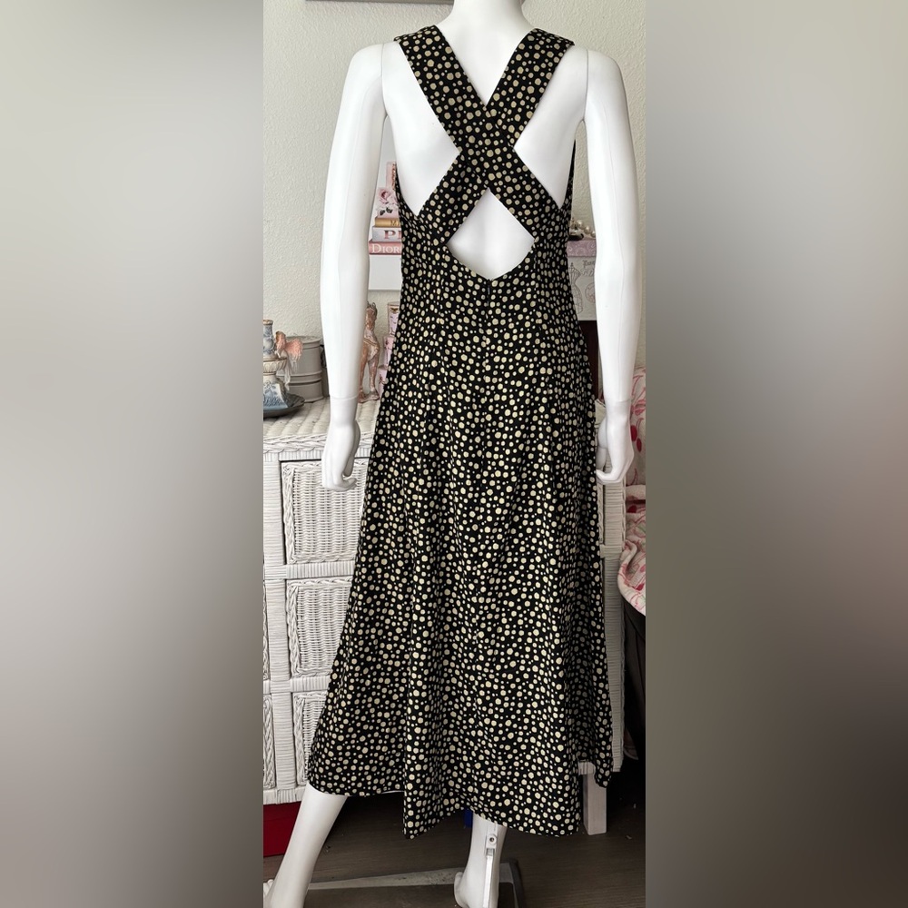 Field Day Midi Dress Criss Cross Back Blotchy Pattern print Black & Tan Size M